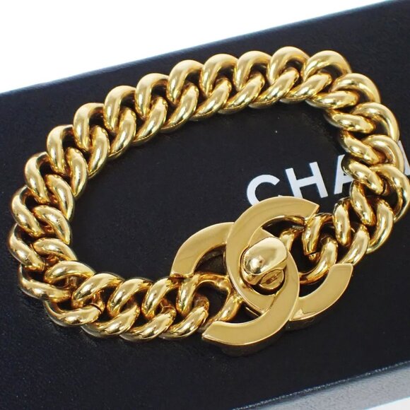 CHANEL CC Logo Turn Lock Motif Chain Bracelet Bangle 95A GHW Accessory - Picture 1 of 10